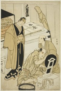 De acteur Otani Hiroji III in zijn kleedkamer geholpen door Otani Tokuji I (?) en geobserveerd door Nakamura Nakazo I (?)