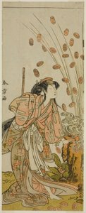 De acteur Segawa Kikunojo III als Hito-maru vermomd als de courtisane Chiyozaki, in het stuk Kuruwa no Hana Katsuragi no Kane, uitgevoerd in het Ichimura Theater in de derde maand, 1775 door Katsukawa Shunsho