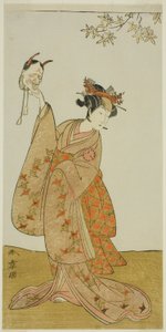 De acteur Segawa Yujiro I als Matsukaze, zus van Togashi no Saemon, in het stuk Gohiiki Kanjincho (Uw favoriete stuk Kanjincho [De abonneelijst]), uitgevoerd in het Nakamura Theater vanaf de eerste dag van de elfde maand, 1773 door Katsukawa Shunsho