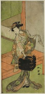 De acteur Yamashita Kinsaku II als Miyagino vermomd als kapper in het stuk Kosode-gura no Tekubari, uitgevoerd in het Morita Theater in de tweede maand, 1772 (?) door Katsukawa Shunsho