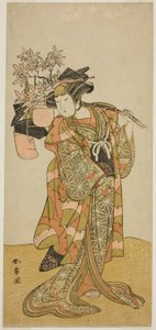 De acteur Yamashita Kinsaku II als Odai, een Eboshi (hoed) verkoper, in het stuk Hana-zumo Genji Hiiki, uitgevoerd in het Nakamura Theater in de elfde maand, 1775 door Katsukawa Shunsho