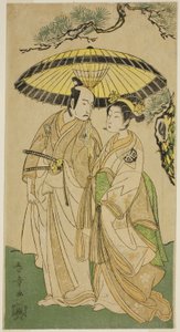 De Acteurs Arashi Hinaji I (rechts), en Ichikawa Komazo II (links), als Prinses Sakura (Sakura Hime) (?) en Shimizu Tonoinosuke (?), in het stuk Soga Moyo Aigo no Wakamatsu (?), uitgevoerd in het Nakamura Theater (?) in de derde maand, 1769 (?)