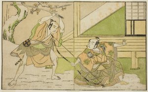 De acteurs Arashi Sangoro II als Hojo Tokiyori (rechts), en Otani Hiroji III als Koga Saburo (links), in het stuk Kono Hana Yotsugi no Hachi no Ki, uitgevoerd in het Ichimura Theater in de elfde maand, 1771