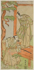 De acteurs Ichikawa Danjuro V als Momonoi Wakasanosuke (rechts) en Nakamura Nakazo I als Kakogawa Honzo (links), in het stuk Kanadehon Chushingura, uitgevoerd in het Nakamura Theater in de vijfde maand, 1771