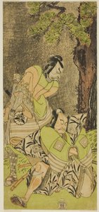 De acteurs Ichikawa Danzo III als I no Hayata Tadazumi (rechts), en Matsumoto Koshiro II als Osada no Taro Kagemune (links), in het stuk Nue no Mori Ichiyo no Mato, uitgevoerd in het Nakamura Theater in de elfde maand, 1770 door Katsukawa Shunsho