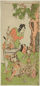 De Acteurs Ichikawa Danzo III als I no Hayata Tadazumi (rechts), en Matsumoto Koshiro II als Osada no Taro Kagemune Vermomd als Yatsurugi Zaemon (links), in het stuk Nue no Mori Ichiyo no Mato, opgevoerd in het Nakamura Theater in de elfde maand, 1770 door Katsukawa Shunsho