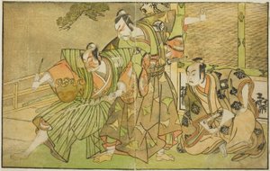 De Acteurs Ichikawa Komazo II als Minamoto no Yorimasa (rechts), Matsumoto Koshiro II als Osada no Taro Kagemune Vermomd als Yatsurugi Zaemon (midden), en Ichikawa Danzo III als I no Hayata Tadazumi (links), in het Toneelstuk Nue no Mori Ichiyo no Mato, Op door Katsukawa Shunsho