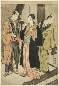 De Acteurs Ichikawa Monnosuke II (links), Iwai Hanshiro IV (midden), en Iwai Karumo (?) (rechts), op een landingsplaats achter de schermen