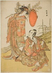 De Acteurs Ichikawa Monnosuke II en Segawa Kikunojo III als de Geliefden Seijuro (rechts) en Onatsu (links), in de Ontsnappingsscène "Michiyuki Hiyoku no Kiku-cho" (Een Ontsnapping: Chrysant-en-Vlinder Liefdesvogels), een Dans Intermezzo uit Deel Twee van 