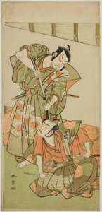 De acteurs Ichikawa Yaozo II als Konoshita Hyokichi en Sakata Hangoro II als Matsunaga Daizen Hisahide, in het toneelstuk Gion Sairei Shinko Ki, uitgevoerd in het Ichimura Theater in de vijfde maand, 1775 door Katsukawa Shunsho