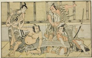 De Acteurs Ichikawa Yaozo II als Kujaku no Saburo, Matsumoto Koshiro II als Hata no Daizen Taketora, Nakajima Mihoemon II als Aramaki Mimishiro, en Nakamura Shocho I als Ki no Tsurayuki (van rechts naar links), in het stuk Kuni no Hana Ono no Itsumoji, opg door Katsukawa Shunsho
