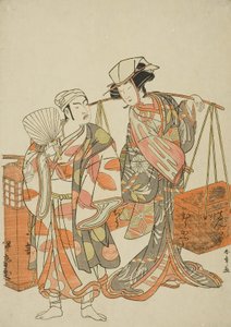 De acteurs Ichimura Uzaemon IX als een mannelijke vos vermomd als de sakeverkoper Iseya (links) en Nakamura Tomijuro I als een vrouwelijke vos vermomd als de bonencakeverkoper Hyugaya, in de danssequentie 