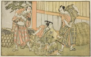 De Acteurs Kasaya Matakuro II als Hagun Taro (rechts), Ichikawa Monnosuke II als Izutsu no Suke Narihira (midden), en Nakamura Nakazo I als Kose no Kanaoka Vermomd als Sogoro de Houtskoolmaker, in het Toneelstuk Kuni no Hana Ono no Itsumoji, Opgevoerd in d door Katsukawa Shunsho