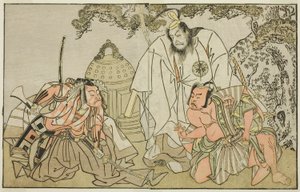 De Acteurs Nakajima Mihoemon II als Aramaki Mimishiro (rechts), Matsumoto Koshiro II als Otomo no Yamanushi (midden), en Ichikawa Danzo III als Hannya no Goro (links), in het Toneelstuk Kuni no Hana Ono no Itsumoji, Opgevoerd in het Nakamura Theater in de  door Katsukawa Shunsho