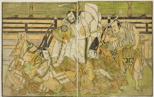 De acteurs Nakamura Denkuro II als Seno-o Taro, Ichikawa Komazo II als Yorimasa, Nakamura Nakazo I als Taira no Kiyomori, en Ichikawa Danjuro V als Kiou Takiguchi (van rechts naar links), in het stuk Nue no Mori Ichiyo no Mato, uitgevoerd in het Nakamura T
