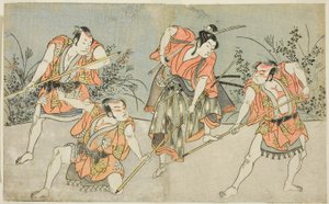 De acteurs Nakamura Kashiwagi als een Wakashu (tweede van rechts), en drie niet-geïdentificeerde acteurs als Yakko door Katsukawa Shunsho