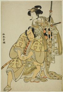 De acteurs Nakamura Nakazo I als Hata Rokurozaemon vermomd als de knecht van de Samurai (Yakko) Igaguri Hanehei (links), en Nakamura Noshio I als de hofdame Koto no Naishi (rechts), in de danssequentie "Sodegasa Momiji no Tekuda" (paraplu mouwen)