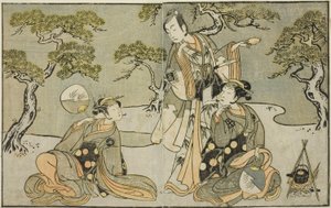 De acteurs Nakamura Nakazo I als Matsukaze (rechts), Ichikawa Komazo II als Ariwara no Yukihira (midden), en Iwai Hanshiro IV als Murasame (links), in het stuk Kuni no Hana Ono no Itsumoji, opgevoerd in het Nakamura Theater in de elfde maand, 1771