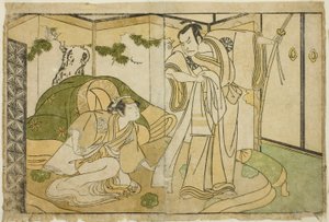 De acteurs Nakamura Nakazo I als Taira no Kiyomori (rechts), en Yamashita Kinsaku II als Tokiwa Gozen (links), in het stuk Nue no Mori Ichiyo no Mato, uitgevoerd in het Nakamura Theater in de elfde maand, 1770