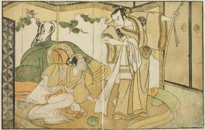 De acteurs Nakamura Nakazo I als Taira no Kiyomori (rechts), en Yamashita Kinsaku II als Tokiwa Gozen (links), in het stuk Nue no Mori Ichiyo no Mato, uitgevoerd in het Nakamura Theater in de elfde maand, 1770