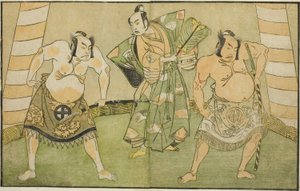De Acteurs Nakamura Sukegoro II als Matano no Goro (rechts), Onoe Kikugoro I als Soga no Taro (midden), en Otani Hiroji III als Kawazu no Saburo (links), in het Stuk Myoto-giku Izu no Kisewata, Uitgevoerd in het Ichimura Theater in de Elfde Maand, 1770 door Katsukawa Shunsho
