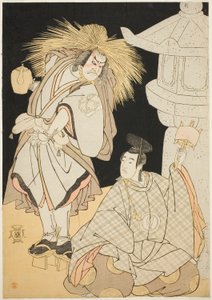 De Acteurs Nakayama Kojuro VI als Osada Taro Kagemune (in werkelijkheid Hatcho Tsubute no Kiheiji) als Lampaansteker van het Gion-heiligdom (links), en Sawamura Sojuro III als Komatsu no Shigemori (rechts), in Acte Drie van Deel Een van het Toneelstuk Yuki