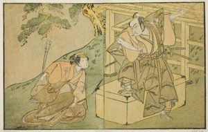 De Acteurs Onoe Matsusuke I als Akaboshi Taro (rechts), en Azuma Tozo II als Shirotae (links), in het Toneelstuk Kono Hana Yotsugi no Hachi no Ki, Opgevoerd in het Ichimura Theater in de Elfde Maand, 1771 door Katsukawa Shunsho