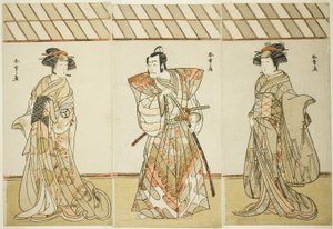De acteurs Onoe Tamizo I als Nishikigi (?) of Otae (?), Ichikawa Danjuro V als Miura Heidayu Kunitae (?) en Osagawa Tsuneyo II als Oyuki (?), in het stuk Date Nishiki Tsui no Yumitori (?), uitgevoerd in het Morita Theater (?) door Katsukawa Shunsho