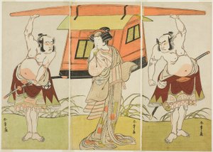 De acteurs Otani Hiroji III als Yokambei (rechts), Nakamura Tomijuro I als Kuzunoha (midden), en Bando Mitsugoro I als Yakambei (links), in de laatste scène van het stuk Shinodazuma, opgevoerd als aanvulling op het stuk Kikyo-zom door Katsukawa Shunsho