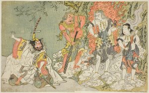 De acteurs Sawamura Kijuro I als Ikazuchi Shinno, Prins van Donder (ver links), Ichikawa Danjuro V als de Boeddhistische godheid Fudo (tweede van links), Nakamura Sukegoro II als Seitaka Doji (tweede van rechts), en Bando Mitsugoro I als Kongara Doji (ver 