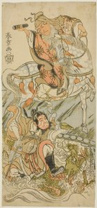 De Acteurs Sawamura Sojuro II als de Chinese Wijze Huangshi Gong (te paard), en Ichikawa Danzo III als de Chinese Krijger Zhang Liang (op een draak), in de Finale van het Toneelstuk Otokoyama Yunzei Kurabe (Op Mt. Otoko, een Krachtproef in Tekening)