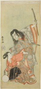 De Acteurs Sawamura Sojuro II als de priester Shunkan en Azuma Tozo II als Oyasu in het stuk "Hime Komatsu Ne no Hi Asobi (Uitje om Pijnboompitten te Plukken op de Rat-Dag van het Nieuwe Jaar)" door Katsukawa Shunsho