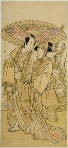 De Acteurs Segawa Kikunojo III (rechts) als Ochiyo, en Bando Mitsugoro I (links) als de Groenteboer Hambei, in het Toneelstuk Kabuki no Hana Bandai Soga, Opgevoerd in het Ichimura Theater in de Vierde Maand, 1781