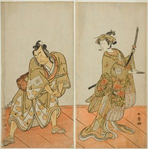 De acteurs Segawa Kikunojo III als Aigo no Waka (rechts), en Ichikawa Yaozo II als Hachio-maru Aratora (links), in het stuk Chigo Sakura Jusan Kane, uitgevoerd in het Ichimura Theater in de elfde maand, 1774 door Katsukawa Shunsho