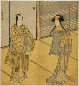 De Acteurs Segawa Kikunojo III als de Geest van Joro-gumo (Hoer Spin) Vermomd als de Maiko Tsumagiku (rechts), en Ichikawa Monnosuke II als Urabe no Suetake (links), in het Toneelstuk Shitenno Tonoi no Kisewata, Opgevoerd in het Nakamura Theater in de Elfd door Katsukawa Shunsho