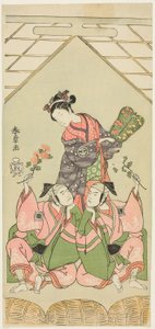 De acteurs Segawa Kikunojo II als de voedster Reizei, Ichikawa Komazo I als Suruga no Hachiro vermomd als shamisen-speler Kichiroku (rechts), en Ichikawa Yaozo II als Tada no Kurando vermomd als draagstoel-drager Kichinai (links), in de scène door Katsukawa Shunsho