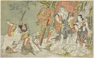 Het stuk Fuki Kaete Tsuki mo Yoshiwara (Herbedakt Dak: De Maan schijnt ook over het Yoshiwara Plezierdistrict), uitgevoerd in het Morita Theater in de elfde maand, c.1771-72