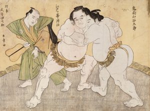 Het Worstelen tussen Kimenzan Tanigoro en Edogasaki Gemji door Katsukawa Shunsho