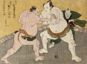 Het Worstelen tussen Kimenzan Tanigoro en Edogasaki Gemji door Katsukawa Shunsho