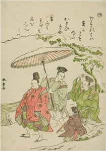 "Tsu": Narihira in de sneeuw bij Ono, uit de serie "Verhalen van Ise in modieuze brokaatprenten (Furyu nishiki-e Ise monogatari)" door Katsukawa Shunsho