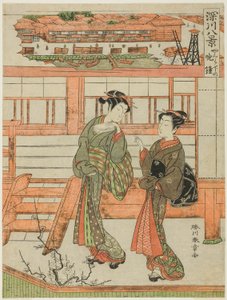 Yagurashita no Bansho (Avondklok bij Yagurashita), courtisane en haar bediende in het Yagurashita onvergunde plezierdistrict in Fukagawa, uit de serie "Fukagawa Hakkei (Acht Zichten van Fukagawa)"