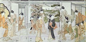 Jonge Vrouwen met een Mand Chrysanten door Katsukawa Shunsho