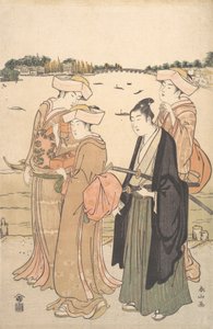 Een jonge samoerai en drie vrouwen door Katsukawa Shunzan