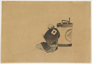 Zittende bediende die rookt bij een lamp, ca. 1850 door Katsushika (school of) Hokusai