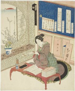 Vrouw die gedichten leest in een studeerkamer door Katsushika Hokuga