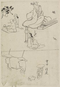 Diverse voorstellingen, onder andere van een dame met een koto, een zittende dame en twee mannen door After Katsushika Hokusai