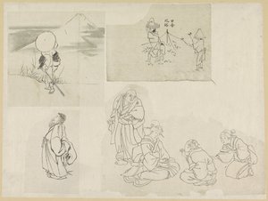 Vier scènes met verschillende figuren door Katsushika Hokusai (possibly)