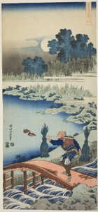 Een boer die een brug oversteekt, uit de serie Een ware spiegel van Chinese en Japanse gedichten door Katsushika Hokusai