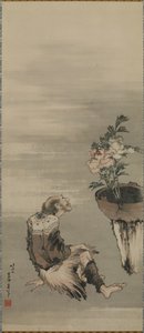 Een Zittende Man die naar Potpioenrozen Kijkt, Edo-periode door Katsushika Hokusai