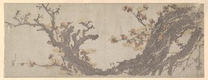 Een eeuwenoude pruimenboom in bloei door Katsushika Hokusai